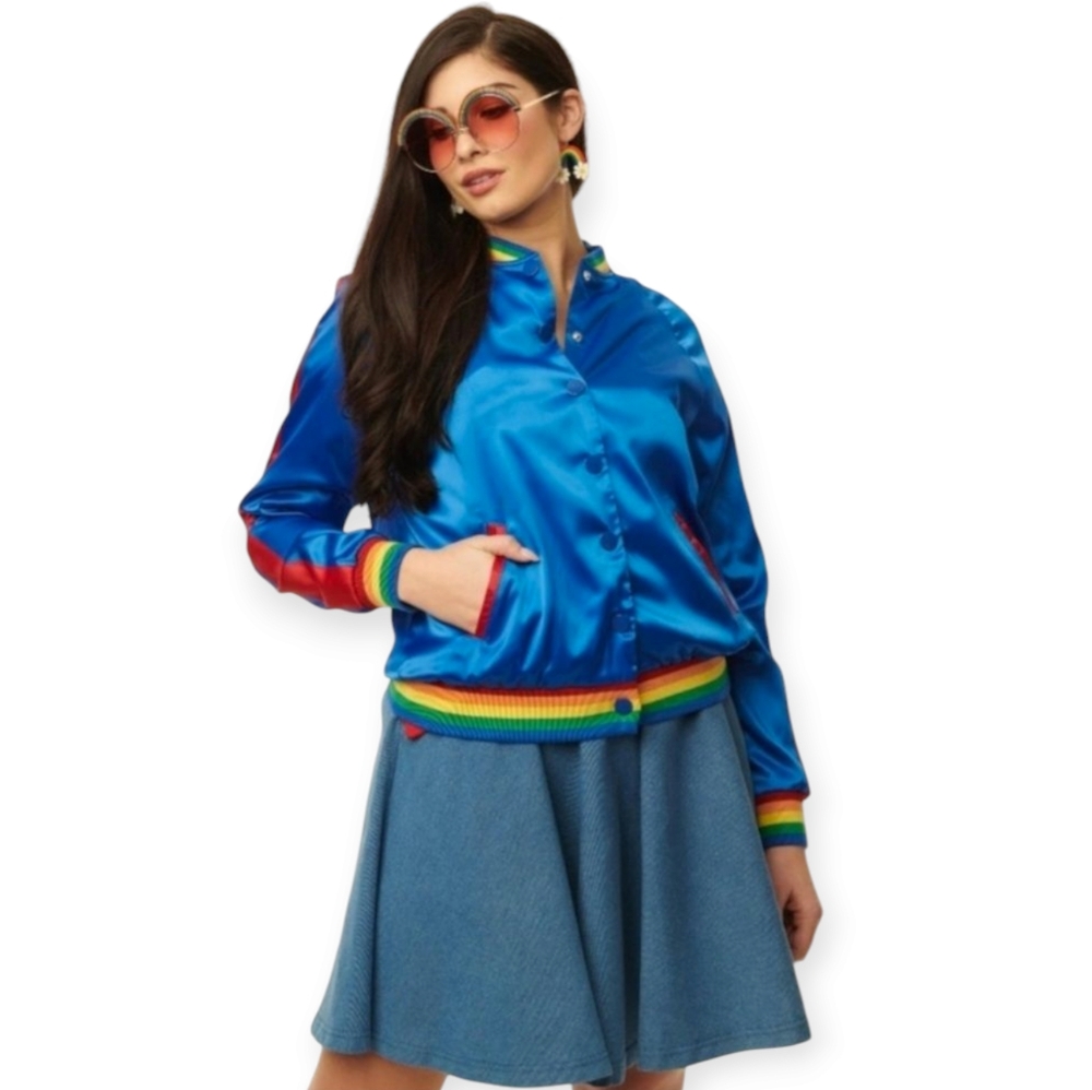Unique Vintage X Rainbow Brite Royal Blue Satin Bomber Jacket NWT Size XL - Picture 2 of 9